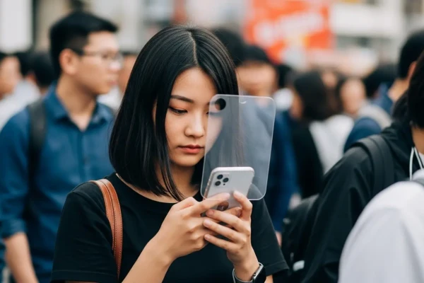 wanita-gunakan-hp-dengan-privacy-tempered-glass-di-keramaian